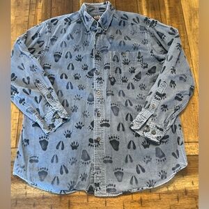 Woolrich Cotton Flannel Blanket Shirt  Mens Size L Blue Hand Footprint AOP